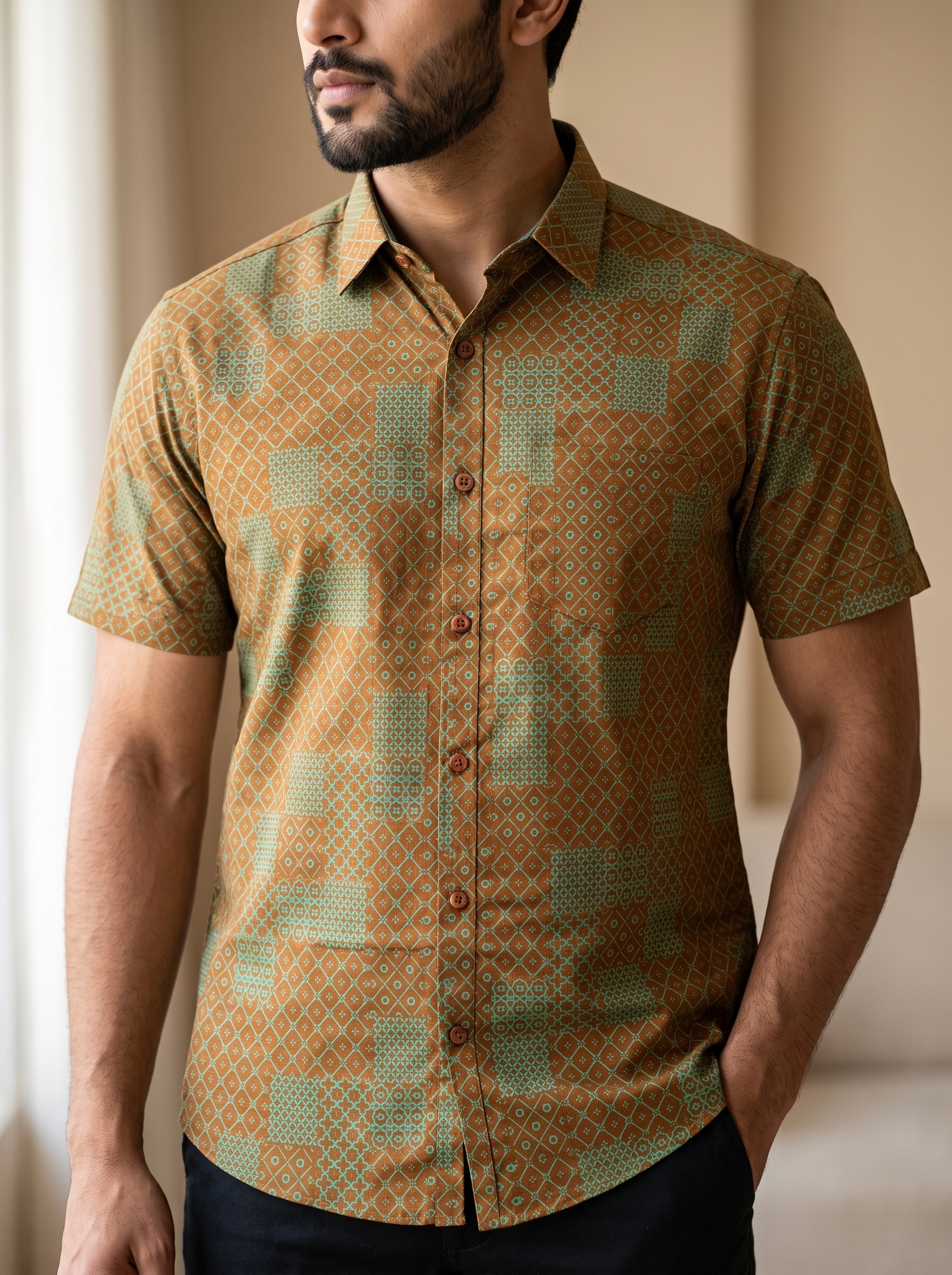 80002 Fida Men's 100% Cotton Printed Half Sleeve Shirt - Image 1