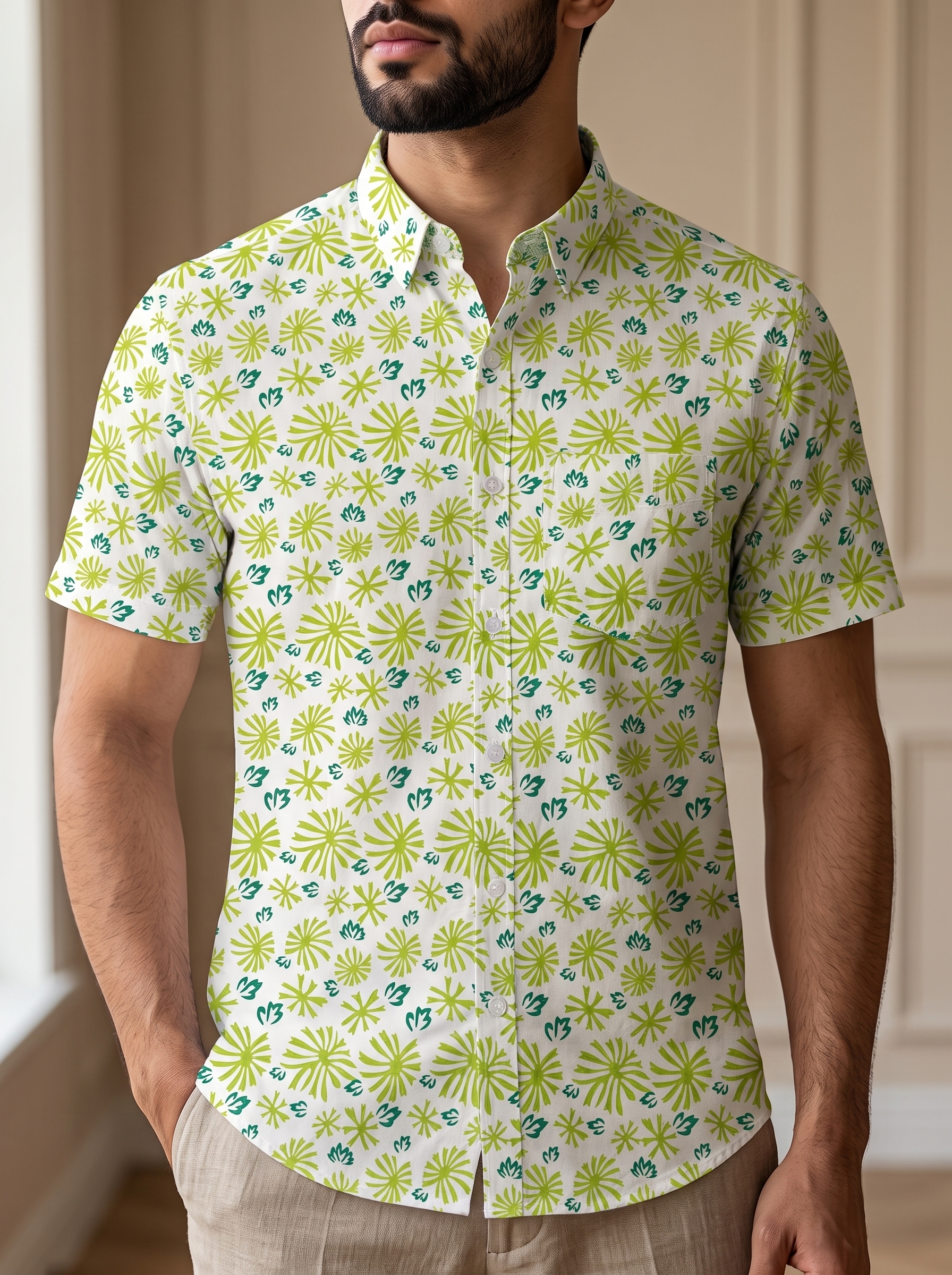 Shirt_on_male_model_2K_202607281625 (3) Fida Men's 100% Cotton Printed Half Sleeve Shirt - Image 1