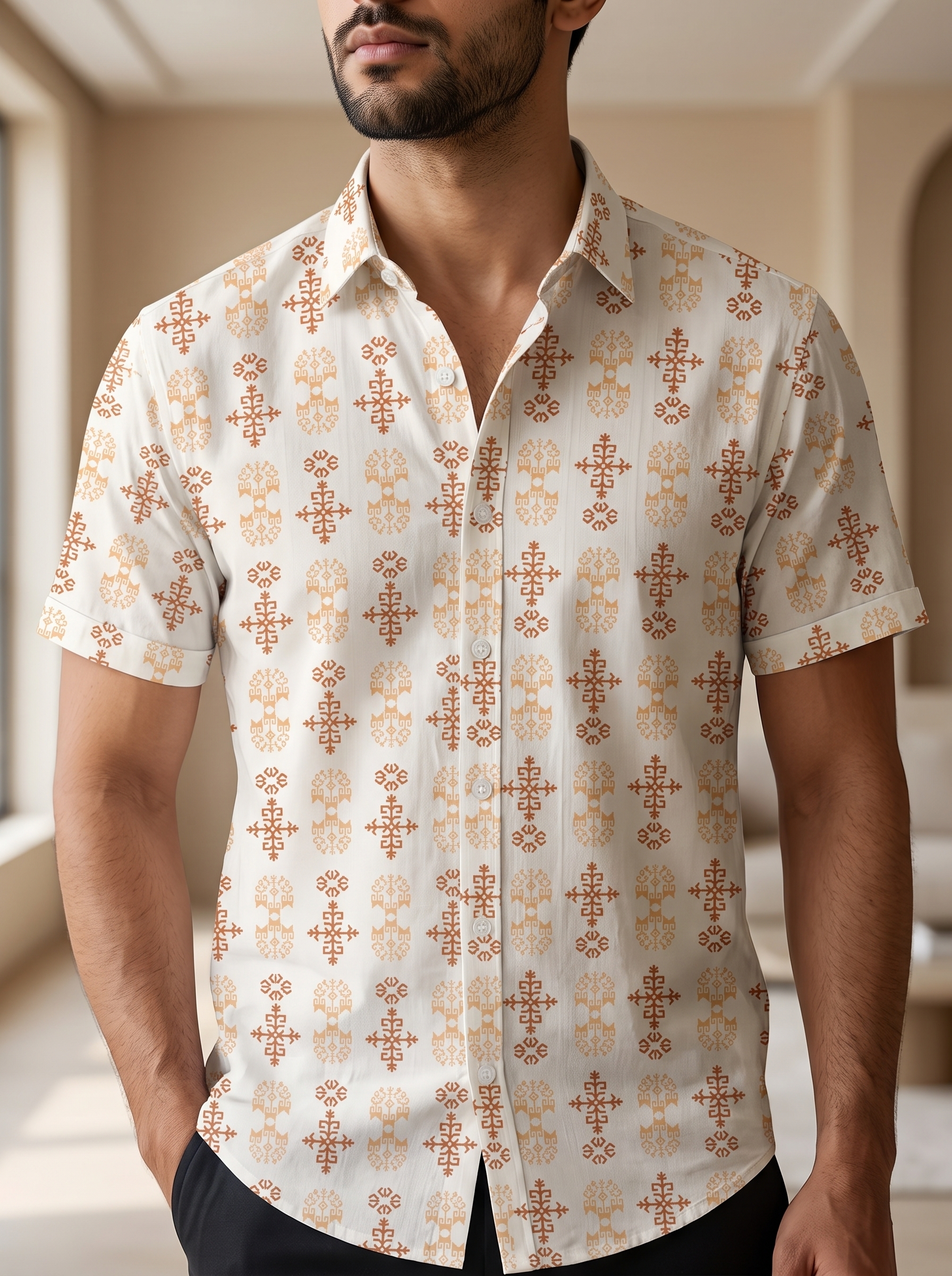 Shirt_on_male_model_2K_202607281625 (6) Fida Men's 100% Cotton Printed Half Sleeve Shirt - Image 1